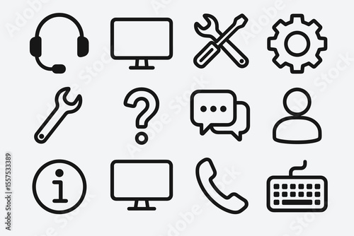 Essential tech support icons: tools, communication, and technology symbols