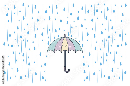 Cute vector cartoon of umbrella under rain, flat pastel design for kids backgrounds, rainy day concepts, nursery decorations, and seamless illustrations
