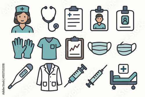 Healthcare icons collection: nurse, medical equipment, doctor tools