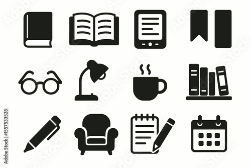 Library icons: book, e-reader, bookmark, glasses, lamp, coffee, bookshelf, pen, armchair, notebook, calendar