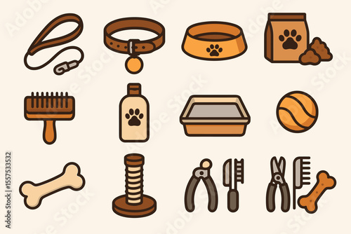 Collection of pet care essentials: collars, toys, grooming tools, and feeding items