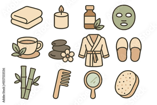Spa elements collection: towels, candles, oils, and relaxation symbols