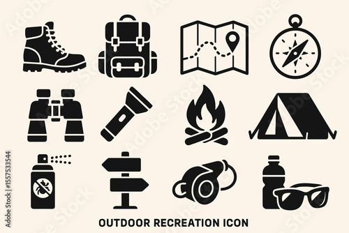 Outdoor recreation icons: hiking, camping, compass, backpack, binoculars, tent, flashlight
