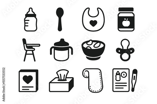 Essential baby care icons set: bottle, spoon, bib, high chair, pacifier