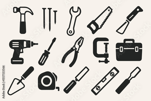 Silhouette of various tools: hammer, drill, wrench, saw, screwdriver, toolbox