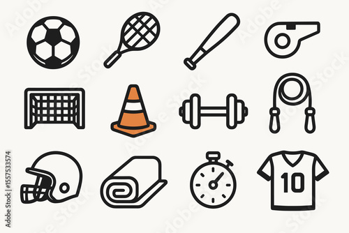 Sports equipment icons: soccer, tennis, baseball, fitness, and more