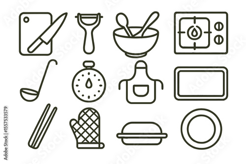 Kitchen icons: cooking utensils and appliances collection on yellow background