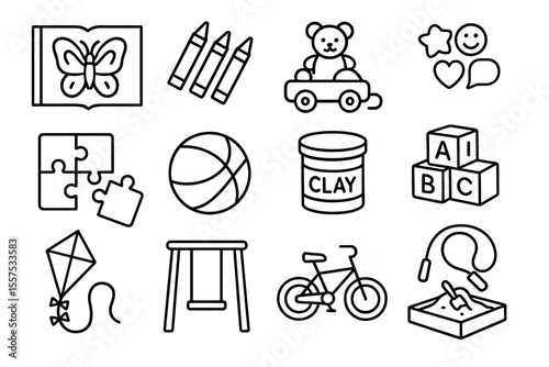Children's toys and activities outline icons set