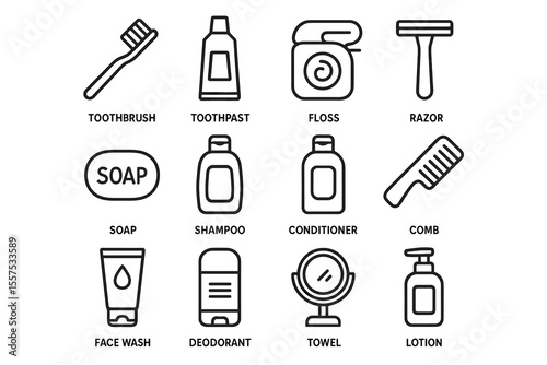 Essential personal hygiene icons: toothbrush, toothpaste, floss, razor, soap, shampoo, conditioner