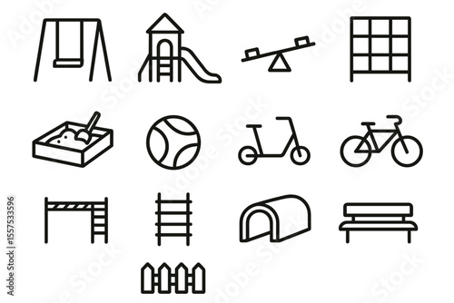 Playground icons: swings, slide, see-saw, sandbox, ball, scooter, bike, bench, ladder, tunnel, fence