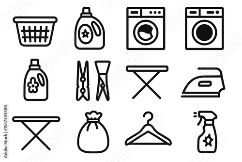 Laundry icons set: basket, detergent, washing machine, drying rack, iron, hanger