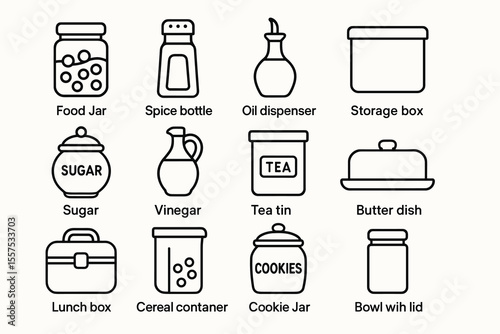 Kitchen storage line icons set: jars, containers, dispensers, dishes