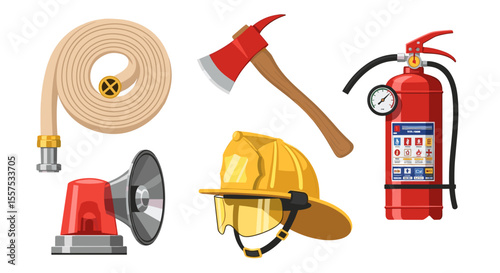 Illustration of a fire hose, axe, fire extinguisher, siren and firefighter helmet gear