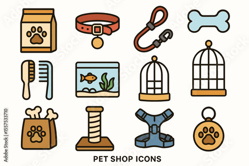 Pet shop icons: cat and dog food, toys, fish tank, bird cages