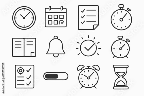 Time and productivity icons including clock, calendar, stopwatch, and checklist symbols