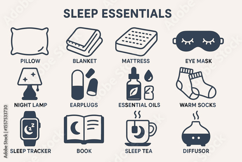 Essential items for a restful night's sleep: pillow, blanket, mattress, and more