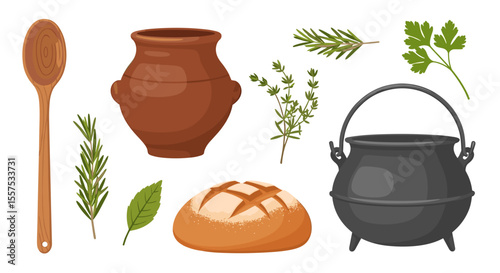 Illustration of kitchenware including a wooden spoon, pot, herbs, bread and cauldron.
