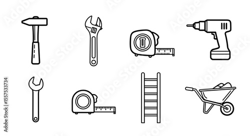 Illustration of various construction and repair tools including hammer wrench and drill tool