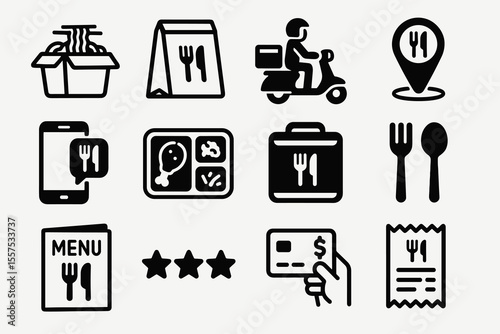Food delivery icons: takeout, scooter, map pin, smartphone, meal, briefcase, cutlery, menu, rating