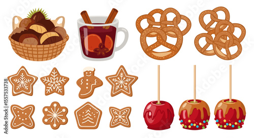 Illustration showing a basket of chestnuts, mulled wine, pretzels, gingerbread and apples