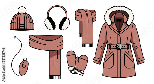 Illustration of winter clothing items including a coat, scarf, hat, and earmuffs
