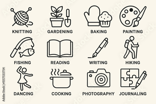 Illustrated icons of various hobbies: knitting, gardening, baking, painting, fishing, reading, writing