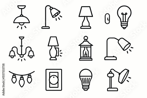Collection of various lamp and light bulb icons in black and white outline design