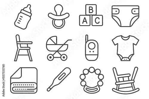 Outline baby essentials icons: bottle, diaper, stroller, onesie, rocking chair