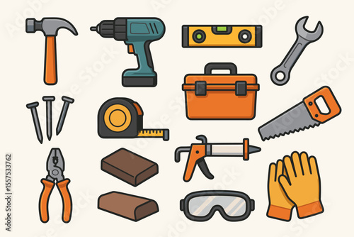 Collection of cartoon hand tools with toolbox and safety gear for construction
