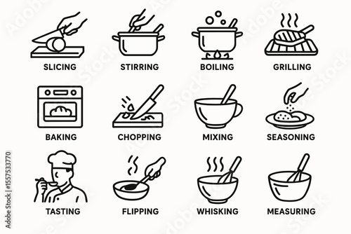 Cooking techniques icons: slicing, stirring, boiling, grilling, baking, chopping, mixing, seasoning, tasting, flipping, whisking, measuring