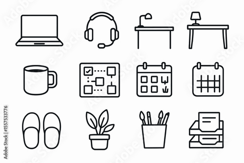 Home office essentials: laptop, headset, desk, mug, planner, calendar, slippers, plant, pencil holder, organizer