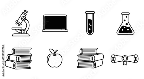 Illustration of education related icons including microscope blackboard and books stack