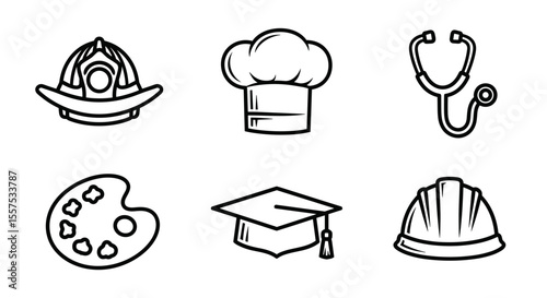 Illustration of various career symbols including a chef hat and a graduation cap icons