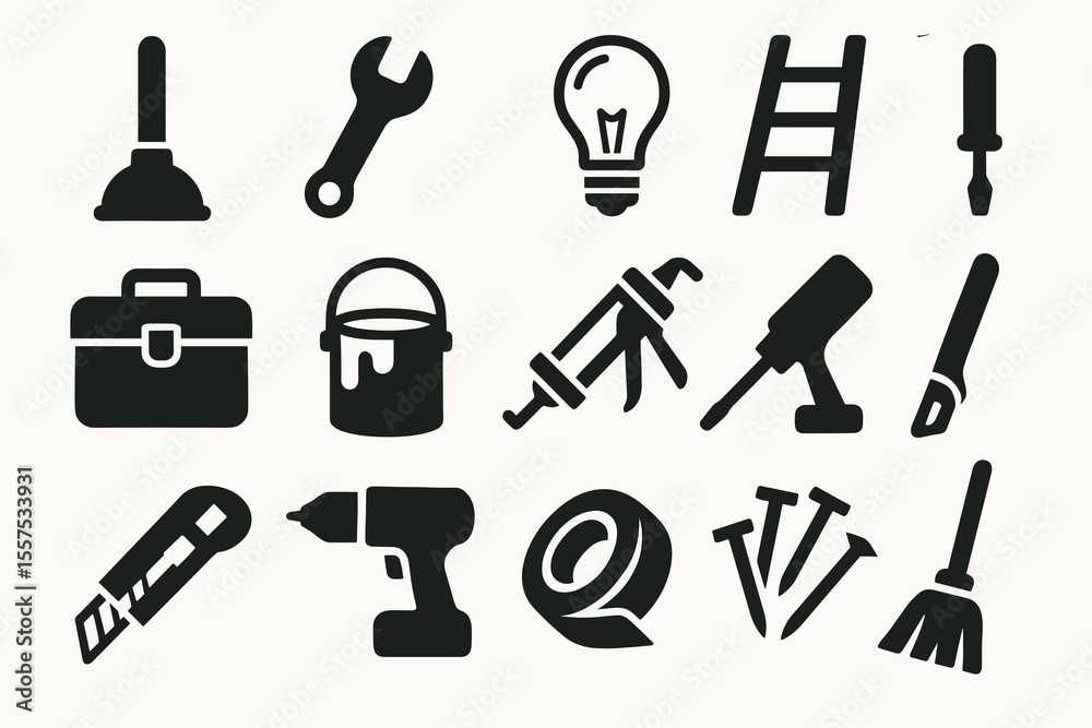 Obraz premium Silhouette icons of tools and equipment for home improvement and diy projects