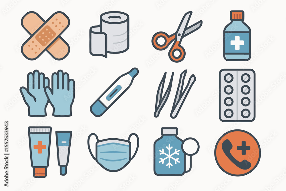 Obraz premium Medical supplies icons: bandages, thermometer, scissors, gloves, pills, mask, bottle