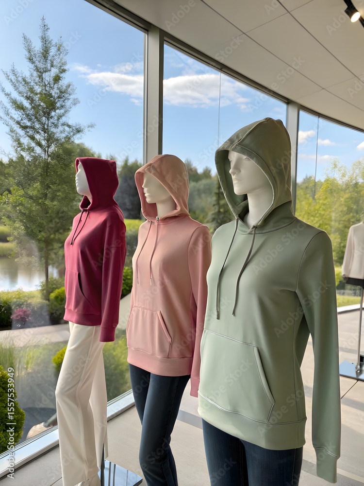 Obraz premium Mannequins displaying colorful hoodies in front of a large window with a scenic outdoor view