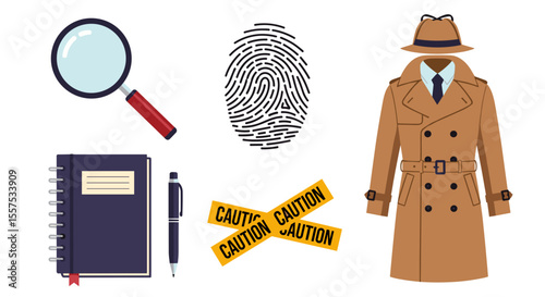 Illustration of detective tools including a magnifying glass and a trench coat icon