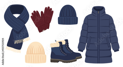 Illustration of winter clothing including a scarf gloves hats boots and a puffer coat