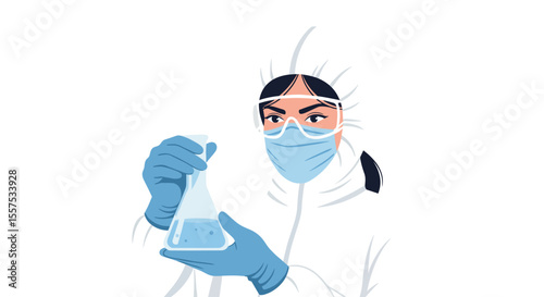 Person in hazmat suit holding a beaker with liquid in a laboratory environment carefully