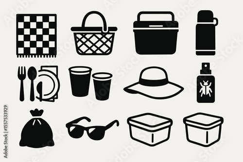Picnic essentials icons: blanket, basket, cooler, thermos, and more
