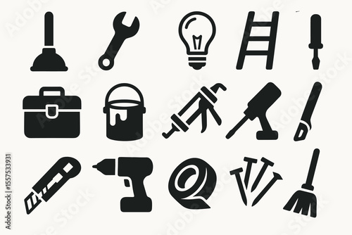 Silhouette icons of tools and equipment for home improvement and diy projects