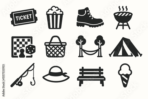 Recreational icon set featuring camping, outdoor activities, and leisure items