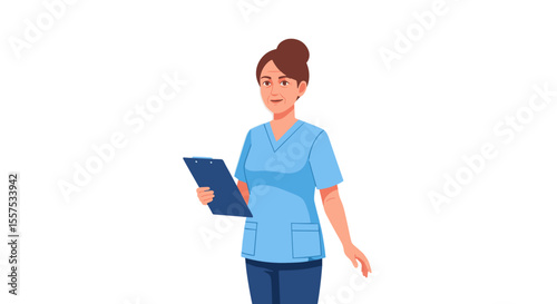 A nurse in scrubs holding a clipboard with a professional demeanor and a bun hairstyle
