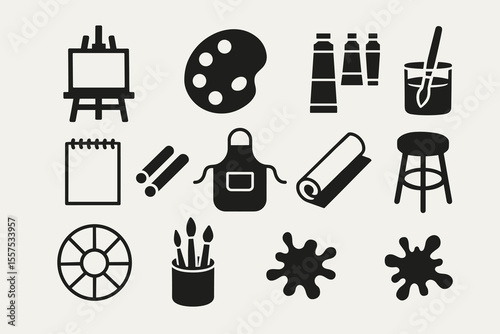 Art tools icons set: easel, palette, paint tubes, brushes, and more