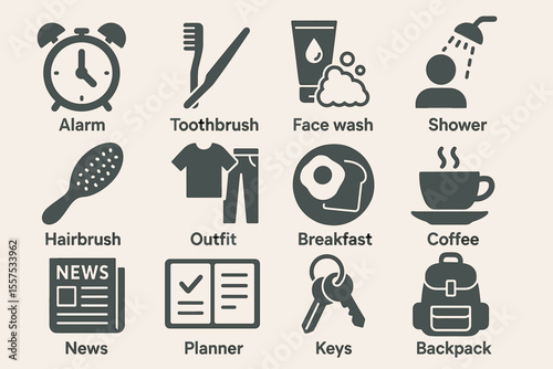 Essential daily routine icons: alarm, toothbrush, face wash, shower, breakfast