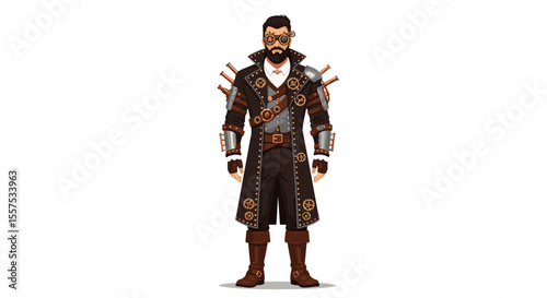 Steampunk character standing with a long coat and gears on his shoulders and arms