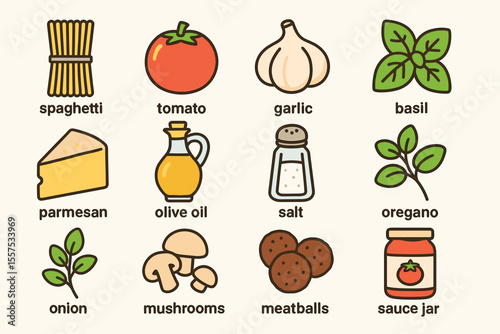 Illustrated italian ingredients: spaghetti, tomato, garlic, basil, parmesan, olive oil