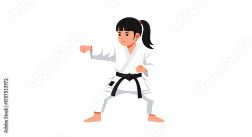 Illustration of a young woman in a karate gi and black belt in a fighting stance