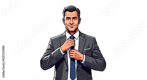 Illustration of a man in a suit adjusting his tie against a white background space