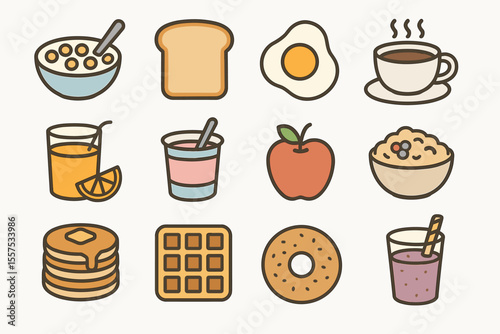 Assorted breakfast icons: cereal, juice, pancakes, waffle, coffee, and yogurt